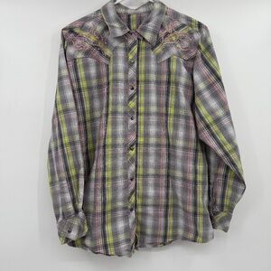 Rock 47 Wrangler Top Women XL Gray Plaid Western Embellished Neon Snap Buttons
